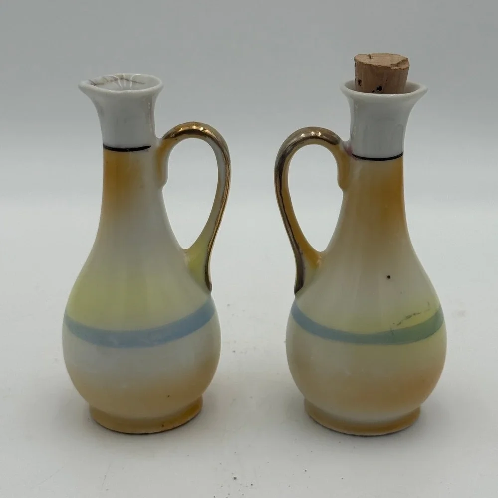 Vintage Hand Painted Japan Porcelain Windmill Cruet Set Gold Handle 2pc